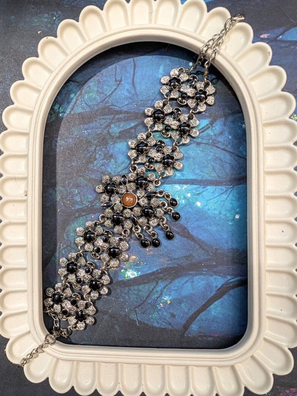 Vintage Silver Tone & Black Enamel Flower Cluster Panel Bracelet